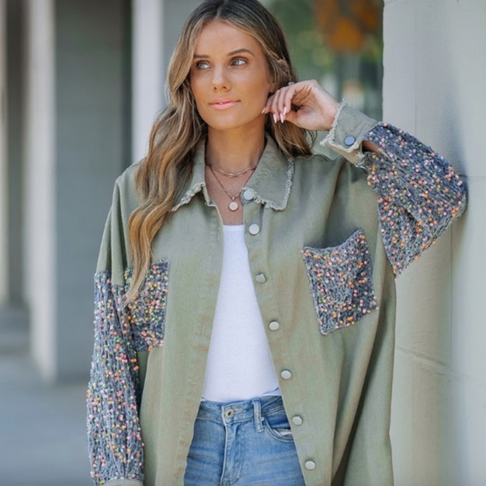 ChicMe Oversized Khaki & Sequin Button Down Shirt-Size S - Picture 9 of 12